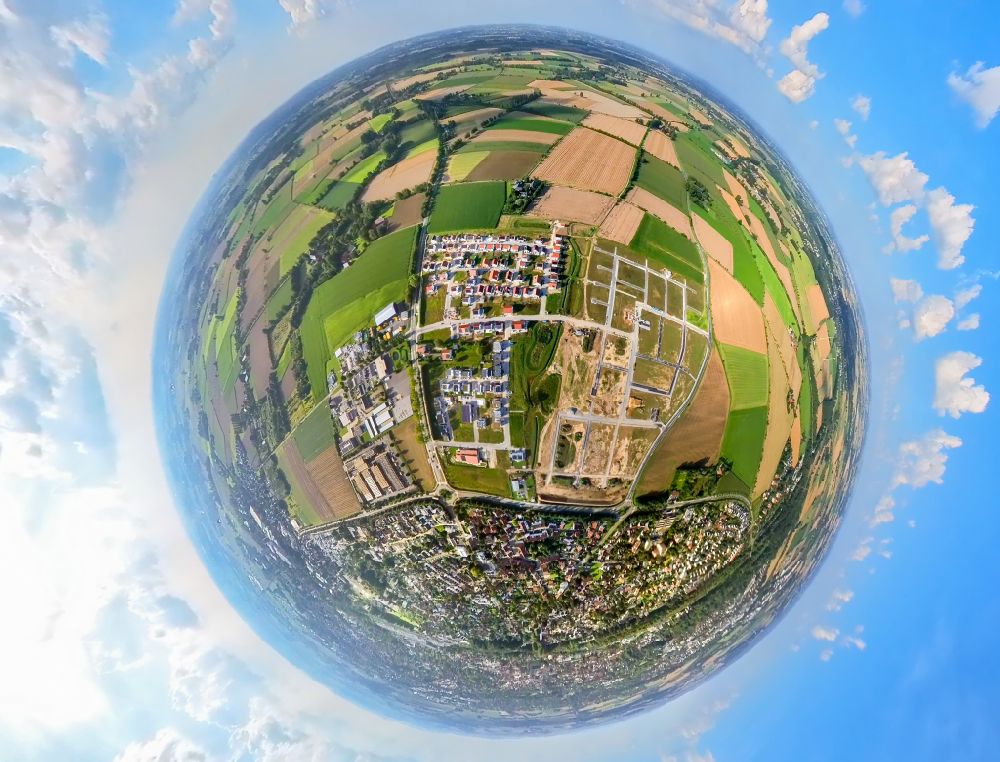 Aerial image Soest - Fisheye perspective construction sites for new construction residential area of detached housing estate Neuer Soester Norden between Oestinghauser Landstrasse and Weslarner Weg in Soest in the state North Rhine-Westphalia, Germany