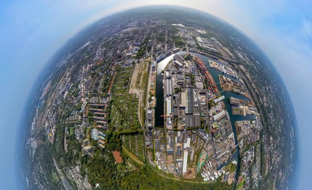Aerial image Dortmund - Fisheye perspective inland waterway Centre Port of Dortmund at Ruhrgebiet in North Rhine-Westphalia, Germany