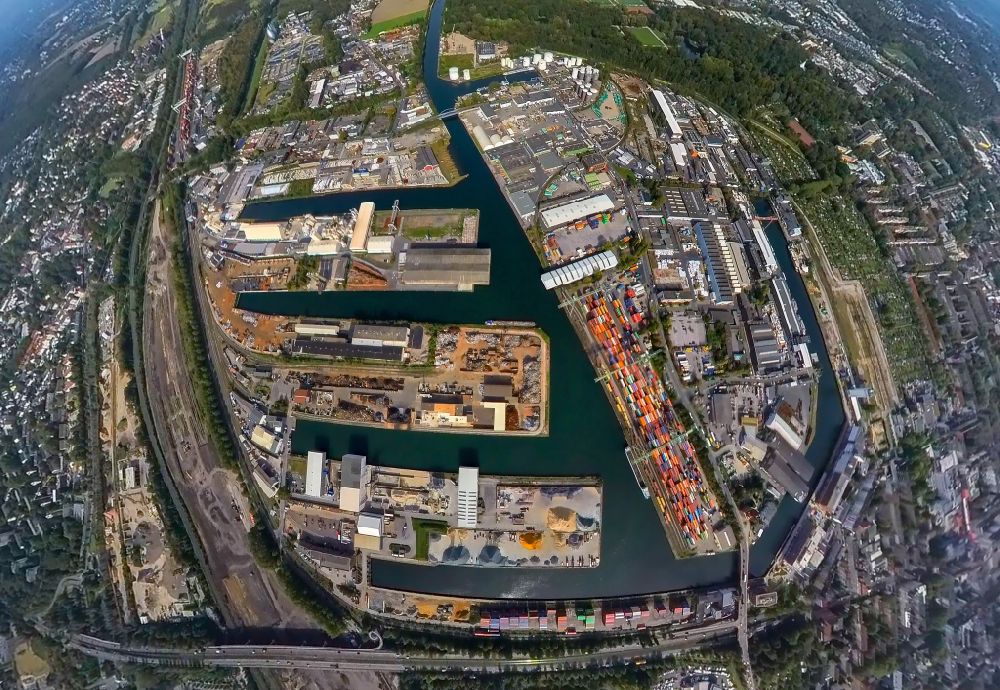 Aerial photograph Dortmund - Fisheye perspective inland waterway Centre Port of Dortmund at Ruhrgebiet in North Rhine-Westphalia, Germany