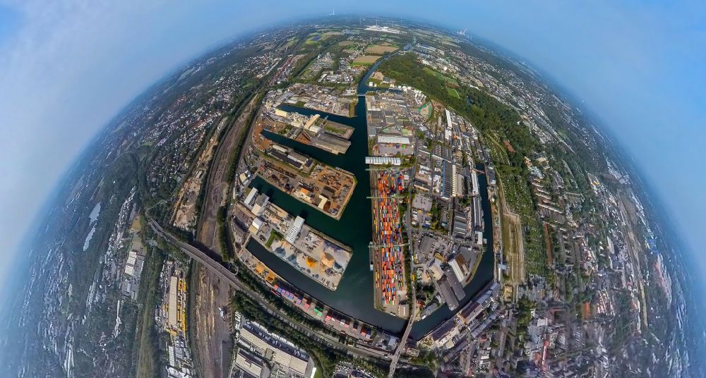 Dortmund from above - Fisheye perspective inland waterway Centre Port of Dortmund at Ruhrgebiet in North Rhine-Westphalia, Germany