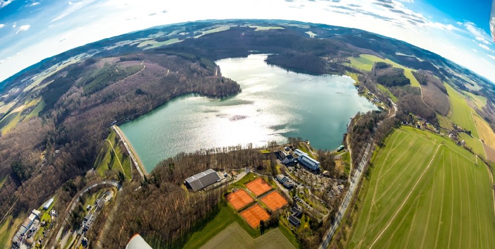 Aerial image Meschede - View with fisheye perspective on the reservoir of the Hennesee in Meschede in the state North Rhine-Westphalia, Germany