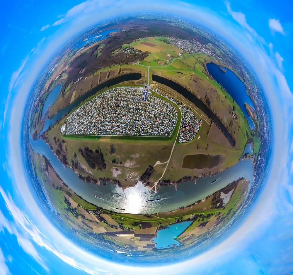Aerial image Wesel - Fisheye perspective camping with caravans and tents on Rhone river in Wesel in the state North Rhine-Westphalia, Germany