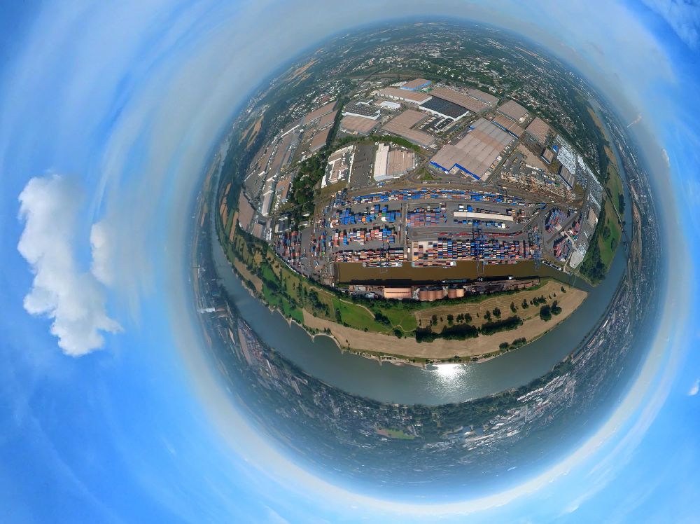 Aerial image Duisburg - Fisheye perspective container Terminal in the port of the inland port Duisburg Intermodal Terminal (DIT) in Duisburg at Ruhrgebiet in the state North Rhine-Westphalia