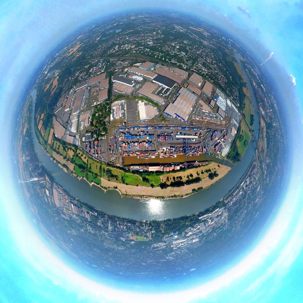 Aerial photograph Duisburg - Fisheye perspective container Terminal in the port of the inland port Duisburg Intermodal Terminal (DIT) in Duisburg at Ruhrgebiet in the state North Rhine-Westphalia
