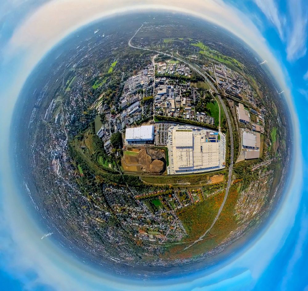 Aerial image Oberhausen - Fisheye perspective warehouses and forwarding building of the Edeka central warehouse on Waldteichstrasse in the industrial park Weierheide in Oberhausen in the Ruhr area in the state North Rhine-Westphalia, Germany