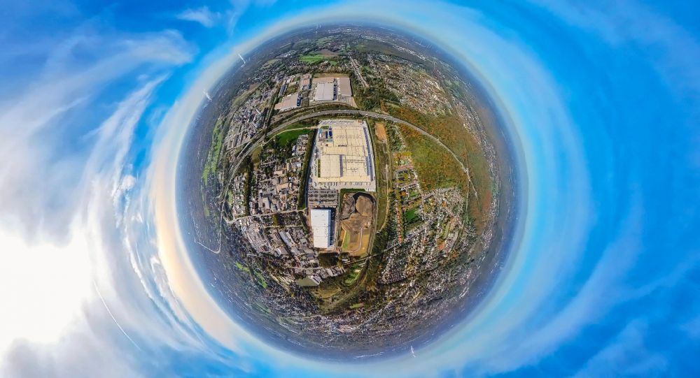 Aerial photograph Oberhausen - Fisheye perspective warehouses and forwarding building of the Edeka central warehouse on Waldteichstrasse in the industrial park Weierheide in Oberhausen in the Ruhr area in the state North Rhine-Westphalia, Germany