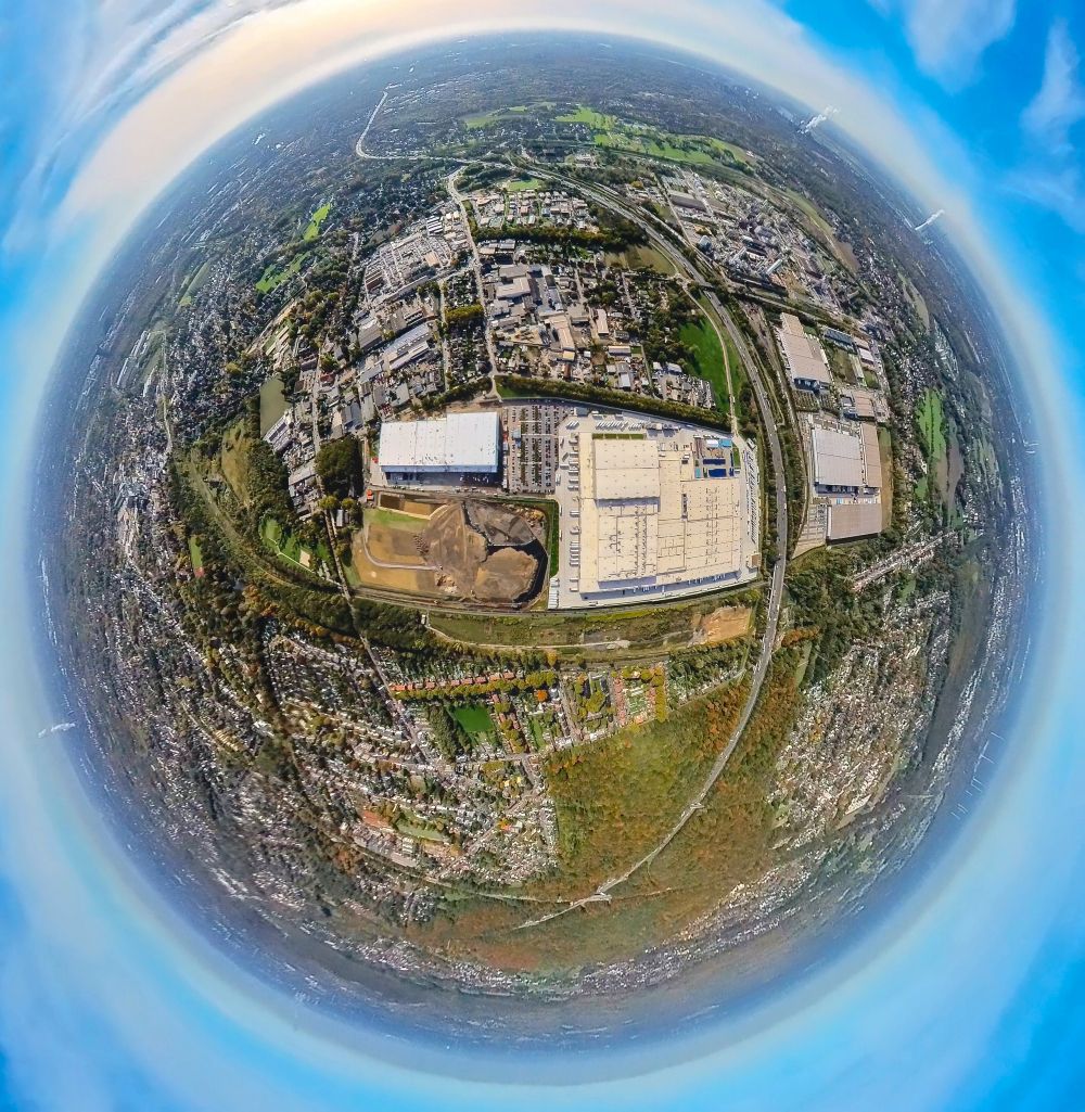 Oberhausen from above - Fisheye perspective warehouses and forwarding building of the Edeka central warehouse on Waldteichstrasse in the industrial park Weierheide in Oberhausen in the Ruhr area in the state North Rhine-Westphalia, Germany