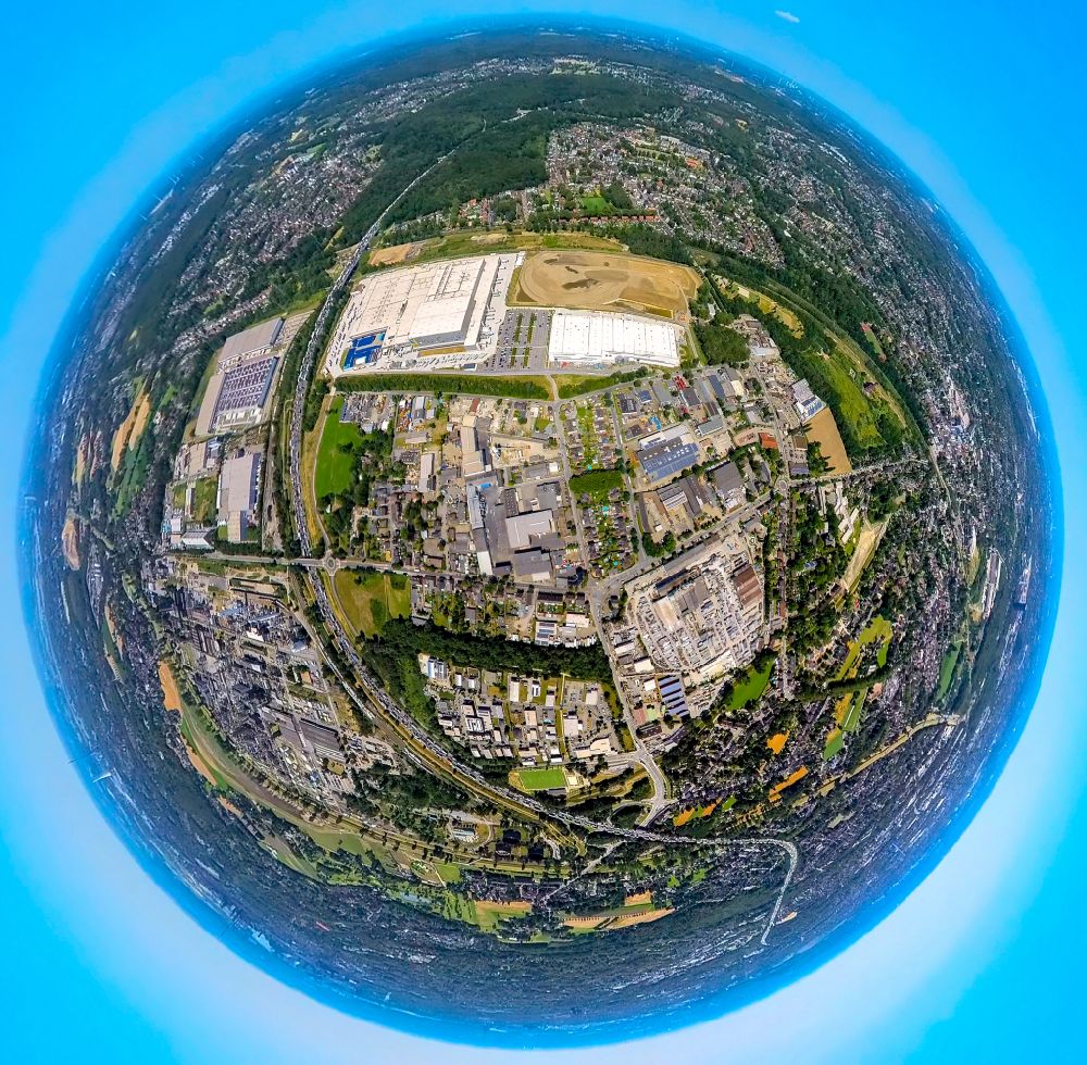 Oberhausen from above - Fisheye perspective warehouses and forwarding building of the Edeka logistics center and logistics center of the online supermarket Picnic in the Weierheide industrial park in Oberhausen in the Ruhr area in the state of North Rhine-Westphalia, Germany