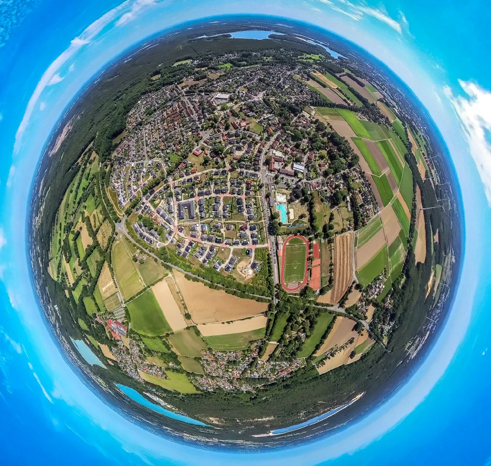 Aerial image Haltern am See - Fisheye perspective ensemble of sports grounds of TuS Sythen on Brinkweg in the district Sythen in Haltern am See at Ruhrgebiet in the state North Rhine-Westphalia, Germany