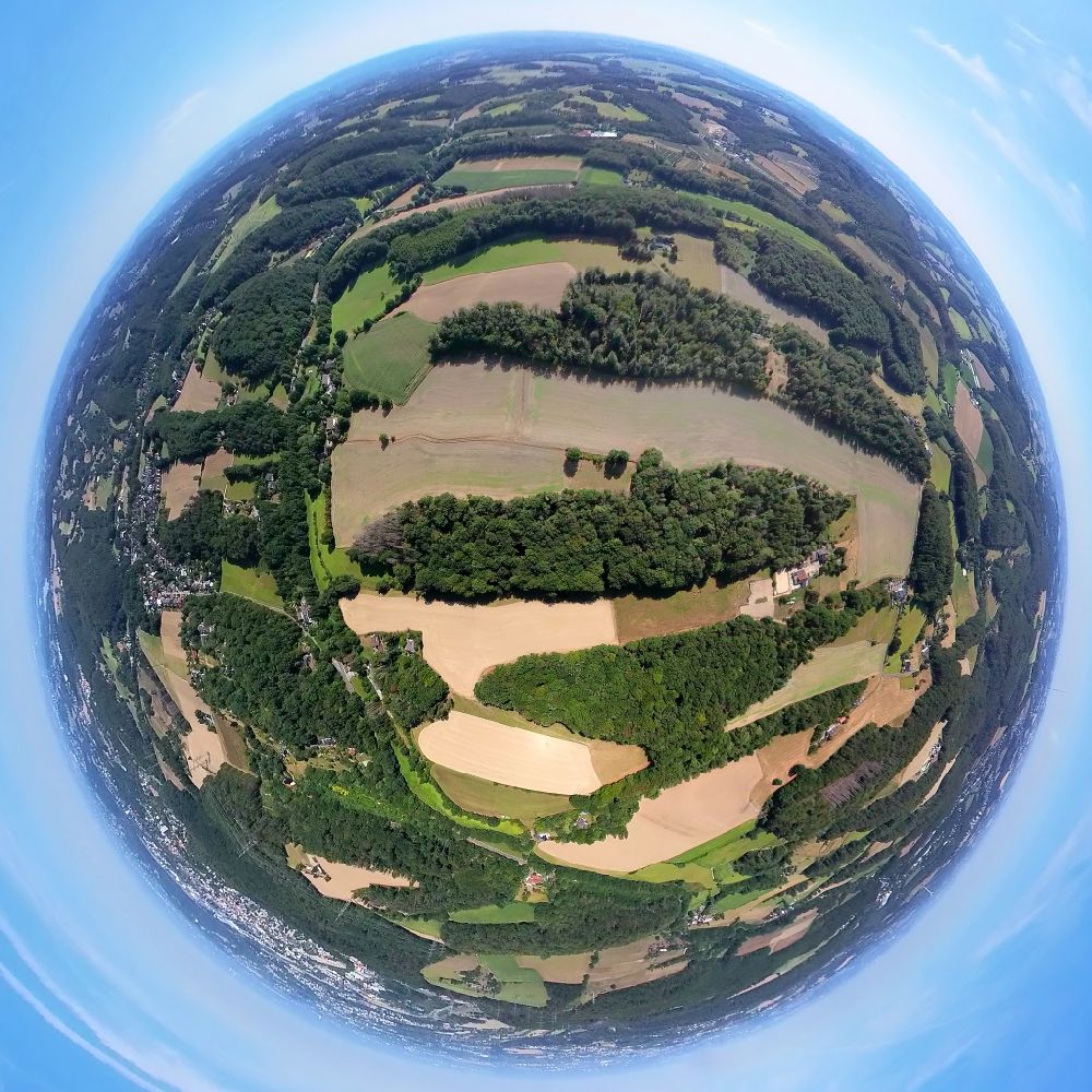 Aerial photograph Hattingen - Fisheye perspective agricultural fields with adjacent forest and forest areas on street Wodantal in the district Oberbredenscheid in Hattingen at Ruhrgebiet in the state North Rhine-Westphalia, Germany