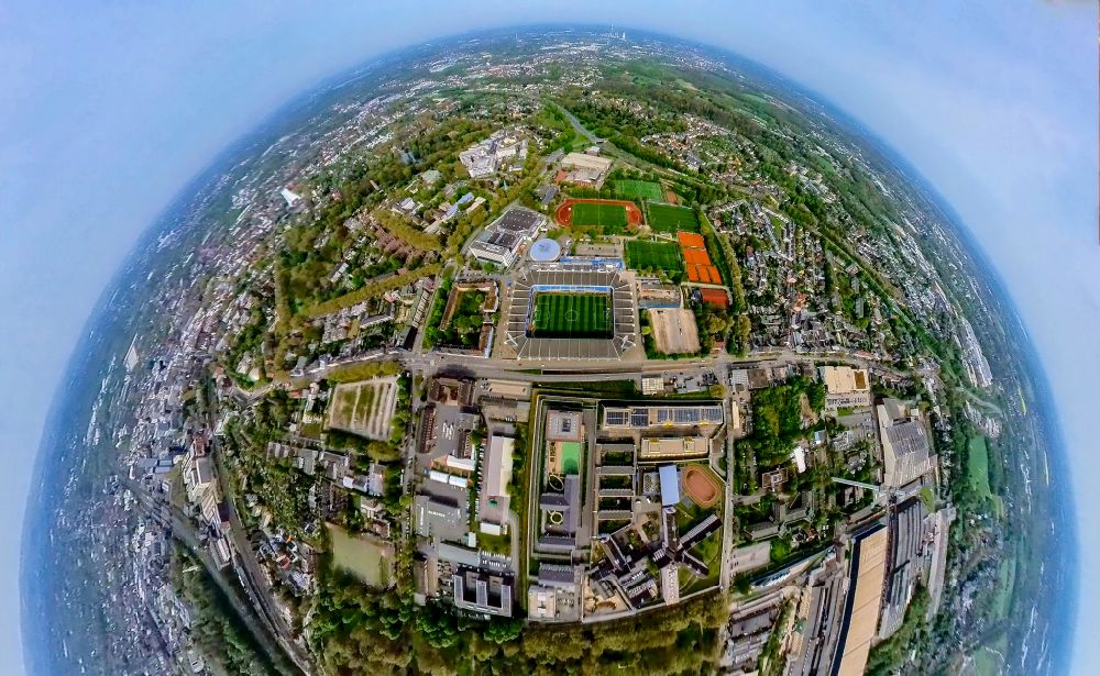 Bochum from above - Fisheye perspective fisheye perspective football stadium Vonovia Ruhrstadion on street Castroper Strasse in the district Bochum Mitte in Bochum at Ruhrgebiet in the state North Rhine-Westphalia, Germany