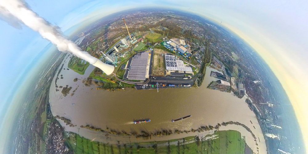 Duisburg from above - Fisheye perspective fisheye perspective hard coal power plant STEAG Kraftwerk Duisburg-Walsum on the river course of the Rhine during floods in the district Alt-Walsum in Duisburg in the state of North Rhine-Westphalia, Germany