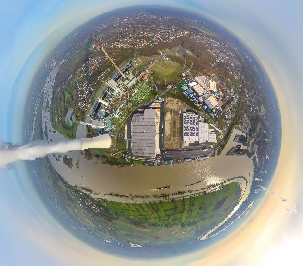 Duisburg from the bird's eye view: Fisheye perspective fisheye perspective hard coal power plant STEAG Kraftwerk Duisburg-Walsum on the river course of the Rhine during floods in the district Alt-Walsum in Duisburg in the state of North Rhine-Westphalia, Germany
