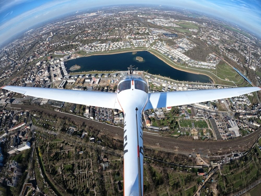 Aerial image Dortmund - Fisheye perspective above the Phoenix-See Aircraft in flight over the airspace in the district Clarenberg in Dortmund in the state North Rhine-Westphalia, Germany
