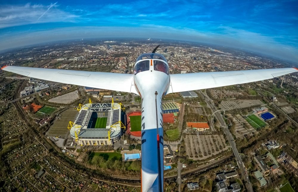 Aerial image Dortmund - Fisheye perspective motor glider Aircraft in flight over the airspace of Arena des BVB - Stadion Signal Iduna Park in Dortmund in the state North Rhine-Westphalia, Germany