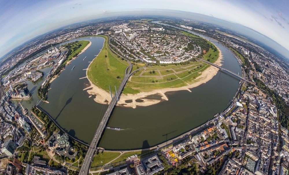 Aerial photograph Düsseldorf - Fisheye perspective river - bridge construction Rheinkniebruecke in the district Carlstadt in Duesseldorf at Ruhrgebiet in the state North Rhine-Westphalia, Germany