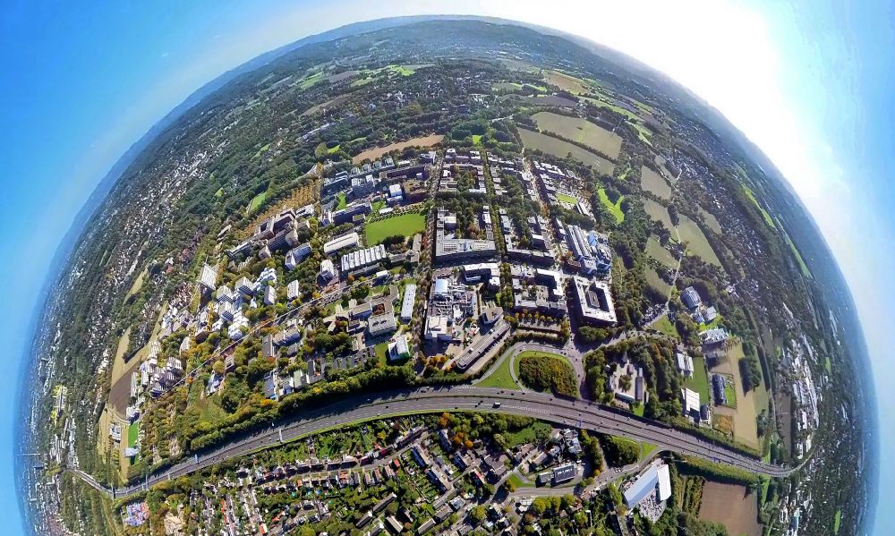 Aerial photograph Dortmund - Fisheye perspective Research building and office complex on Emil-Figge-Strasse at the Dortmund Technology Center on the exit of the BAB40 Dortumd-Dorstfeld in Dortmund in the state North Rhine-Westphalia, Germany