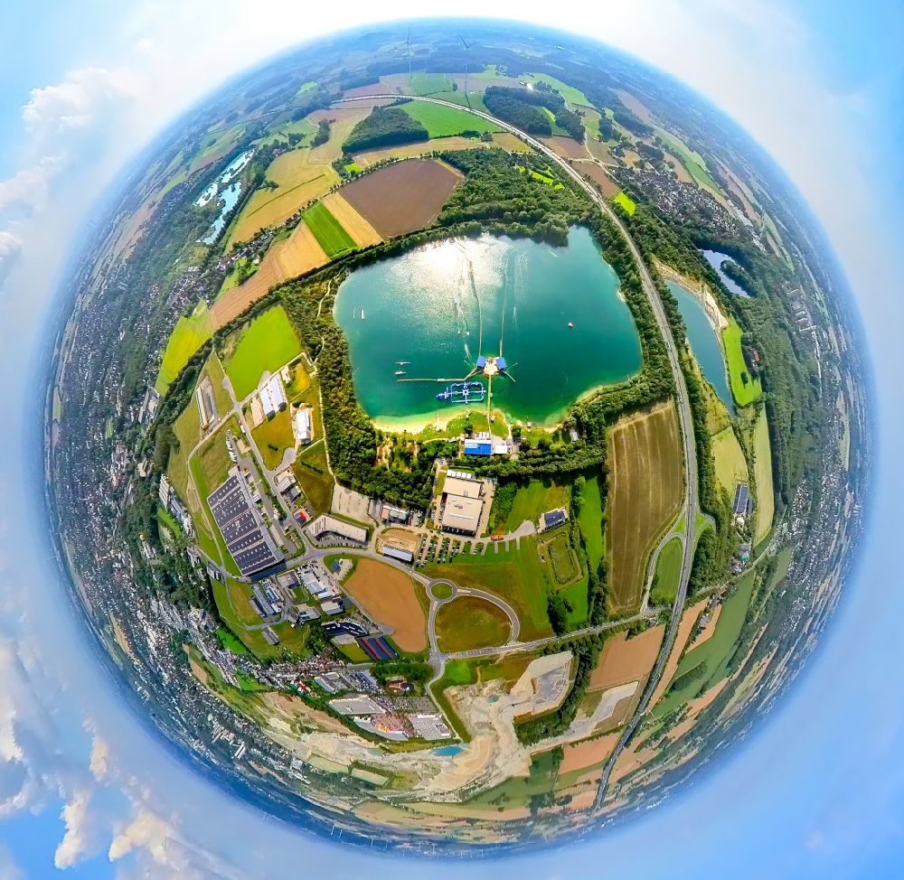 Aerial image Beckum - Fisheye perspective leisure facility with a water ski cable car Park am Tuttenbrocksee in Beckum in the federal state of North Rhine-Westphalia, Germany