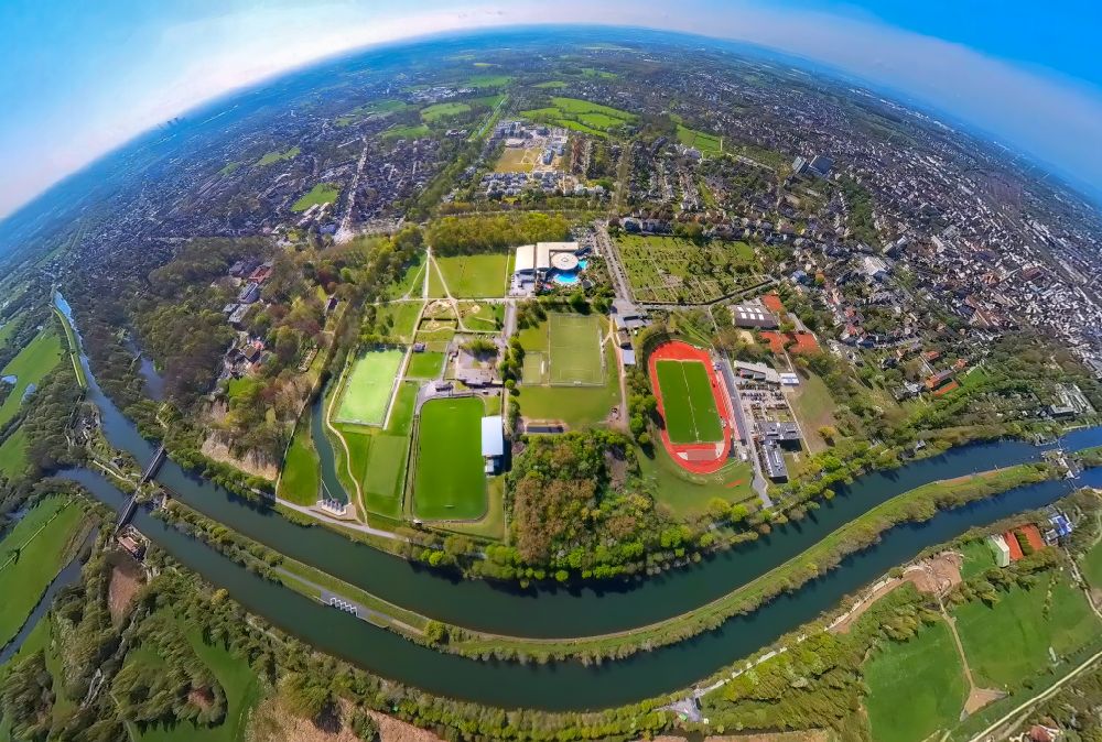 Hamm from above - Fisheye perspective football stadium Jahnstadion and rehabilitation clinic Ambulante Reha Bad Hamm GmbH on the street Juergen-Graef-Allee in the district Heessen in Hamm in the Ruhr area in the state North Rhine-Westphalia, Germany