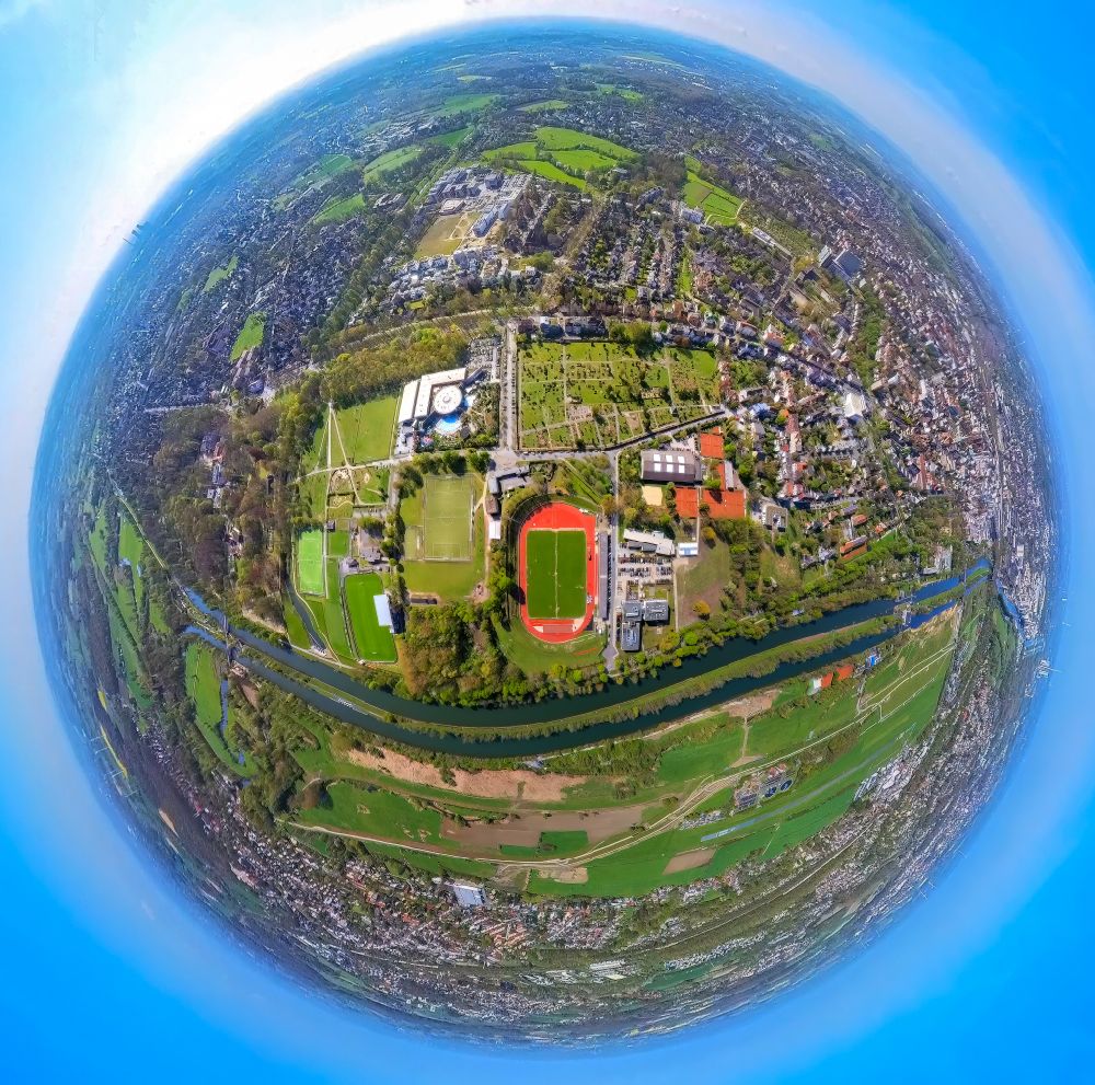 Hamm from the bird's eye view: Fisheye perspective football stadium Jahnstadion and rehabilitation clinic Ambulante Reha Bad Hamm GmbH on the street Juergen-Graef-Allee in the district Heessen in Hamm in the Ruhr area in the state North Rhine-Westphalia, Germany