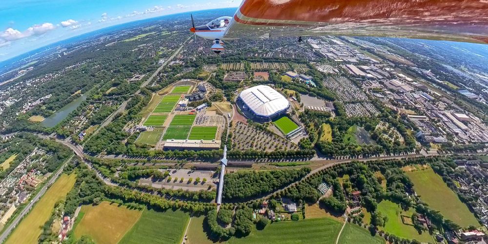 Aerial photograph Gelsenkirchen - Fisheye perspective football stadium of the football club FC Schalke 04 - VELTINS-Arena in the district Erle in Gelsenkirchen at Ruhrgebiet in the state North Rhine-Westphalia, Germany
