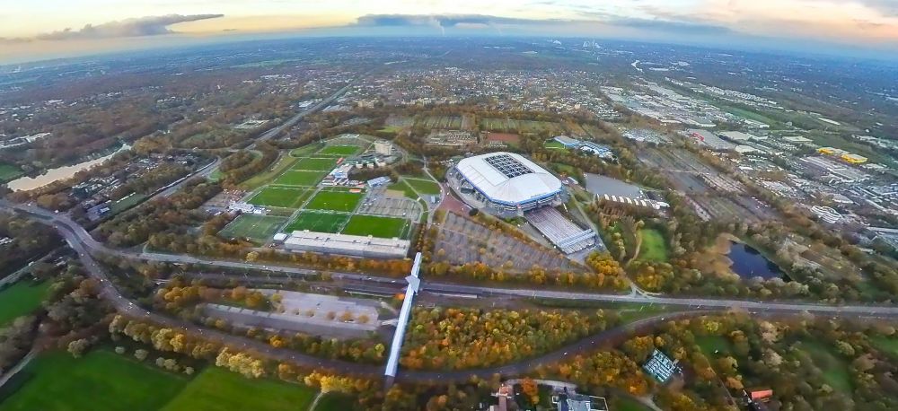 Aerial image Gelsenkirchen - Fisheye perspective football stadium of the football club FC Schalke 04 - VELTINS-Arena in the district Erle in Gelsenkirchen at Ruhrgebiet in the state North Rhine-Westphalia, Germany
