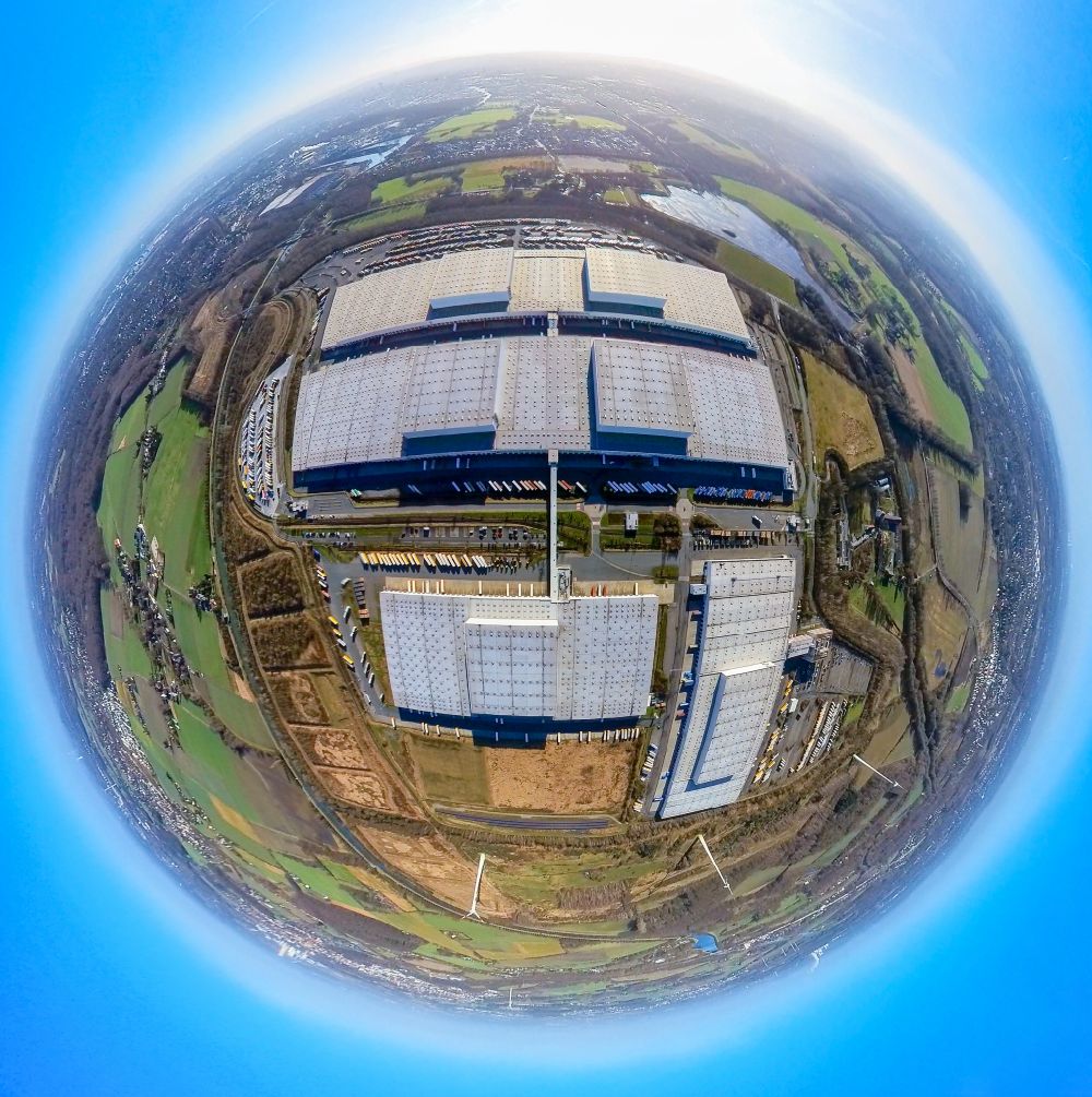 Aerial photograph Dortmund - Fisheye perspective building complex and grounds of the logistics center of IKEA overlooking the dump landfill Ellinghausen on Ellinghauser Strasse in Dortmund at Ruhrgebiet in the state North Rhine-Westphalia, Germany