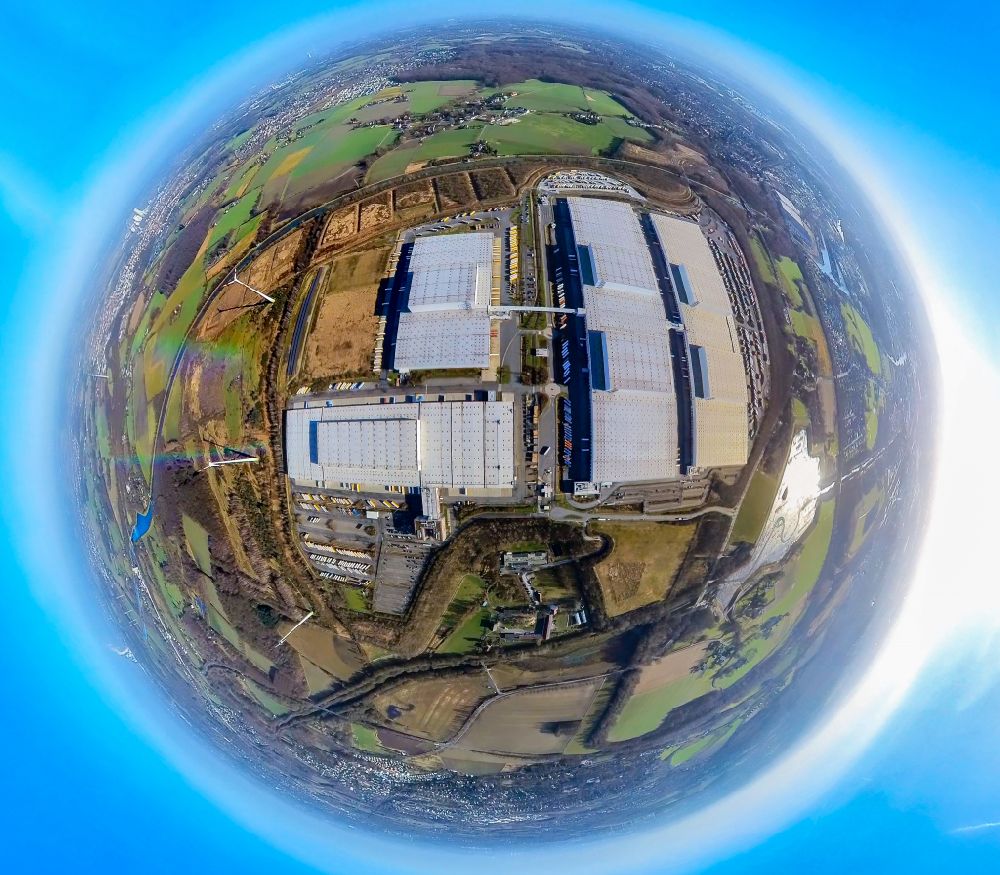 Dortmund from the bird's eye view: Fisheye perspective building complex and grounds of the logistics center of IKEA overlooking the dump landfill Ellinghausen on Ellinghauser Strasse in Dortmund at Ruhrgebiet in the state North Rhine-Westphalia, Germany