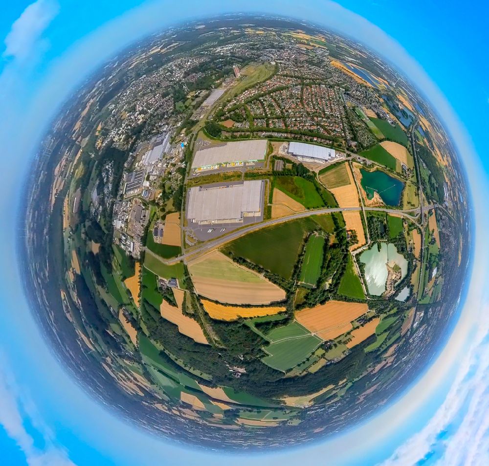 Kamp-Lintfort from above - Fisheye perspective building complex and distribution center on the site on Norddeutschlandstrasse in the district Niersenbruch in Kamp-Lintfort at Ruhrgebiet in the state North Rhine-Westphalia, Germany