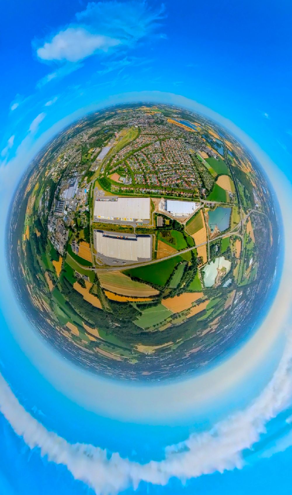 Kamp-Lintfort from the bird's eye view: Fisheye perspective building complex and distribution center on the site on Norddeutschlandstrasse in the district Niersenbruch in Kamp-Lintfort at Ruhrgebiet in the state North Rhine-Westphalia, Germany