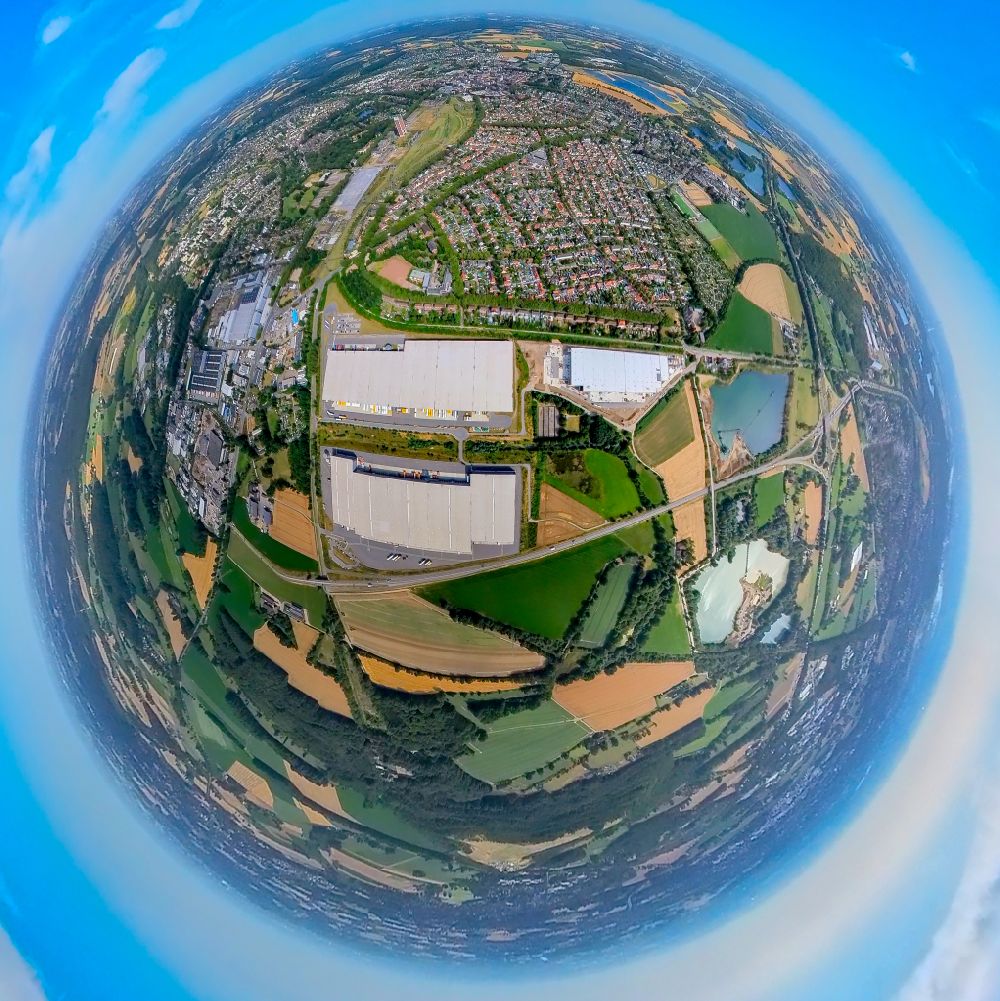 Aerial image Kamp-Lintfort - Fisheye perspective building complex and distribution center on the site on Norddeutschlandstrasse in the district Niersenbruch in Kamp-Lintfort at Ruhrgebiet in the state North Rhine-Westphalia, Germany