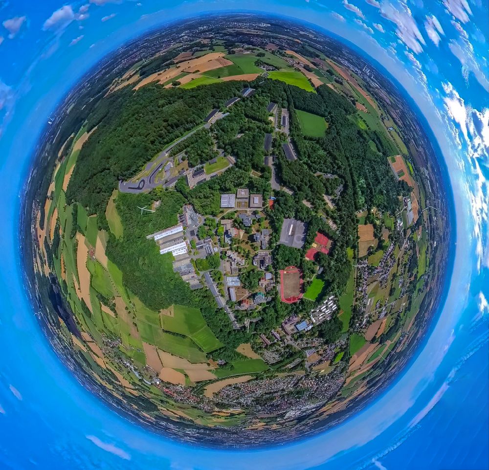 Aerial image Selm - Fisheye perspective building complex of the police in Selm in the state North Rhine-Westphalia. On the site of the car park a tent city has emerged as asylum reception centers and refugee accommodation