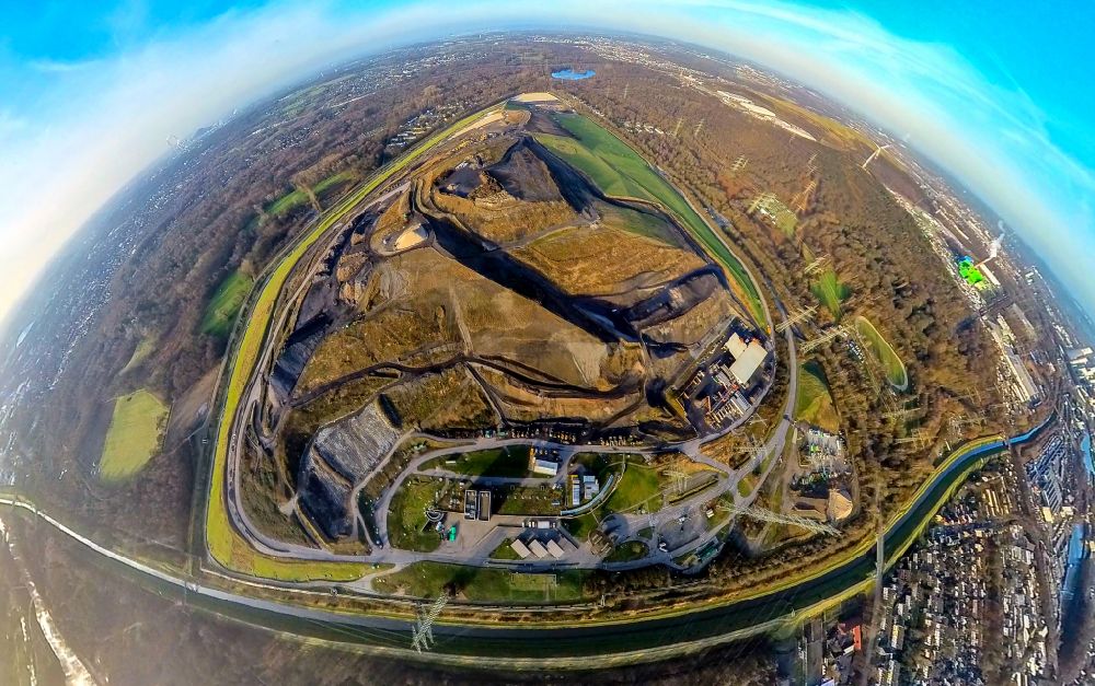 Aerial photograph Gelsenkirchen - Fisheye perspective site of heaped landfill Zentraldeponie Emscherbruch (ZDE) in the district Resser Mark in Gelsenkirchen in the state North Rhine-Westphalia, Germany