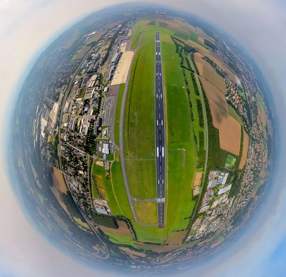 Aerial image Dortmund - Fisheye perspective runway with hangar taxiways and terminals on the grounds of the airport on street Flughafenring in Dortmund at Ruhrgebiet in the state North Rhine-Westphalia, Germany