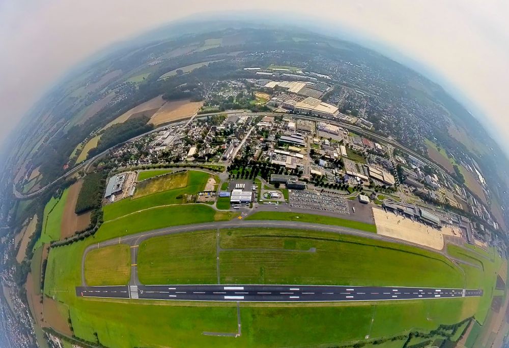 Aerial photograph Dortmund - Fisheye perspective runway with hangar taxiways and terminals on the grounds of the airport on street Flughafenring in Dortmund at Ruhrgebiet in the state North Rhine-Westphalia, Germany