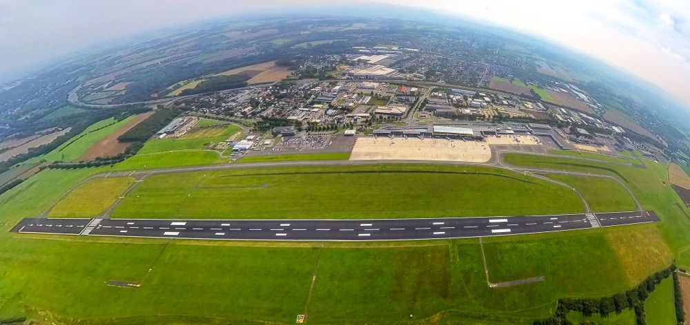 Dortmund from above - Fisheye perspective runway with hangar taxiways and terminals on the grounds of the airport on street Flughafenring in Dortmund at Ruhrgebiet in the state North Rhine-Westphalia, Germany