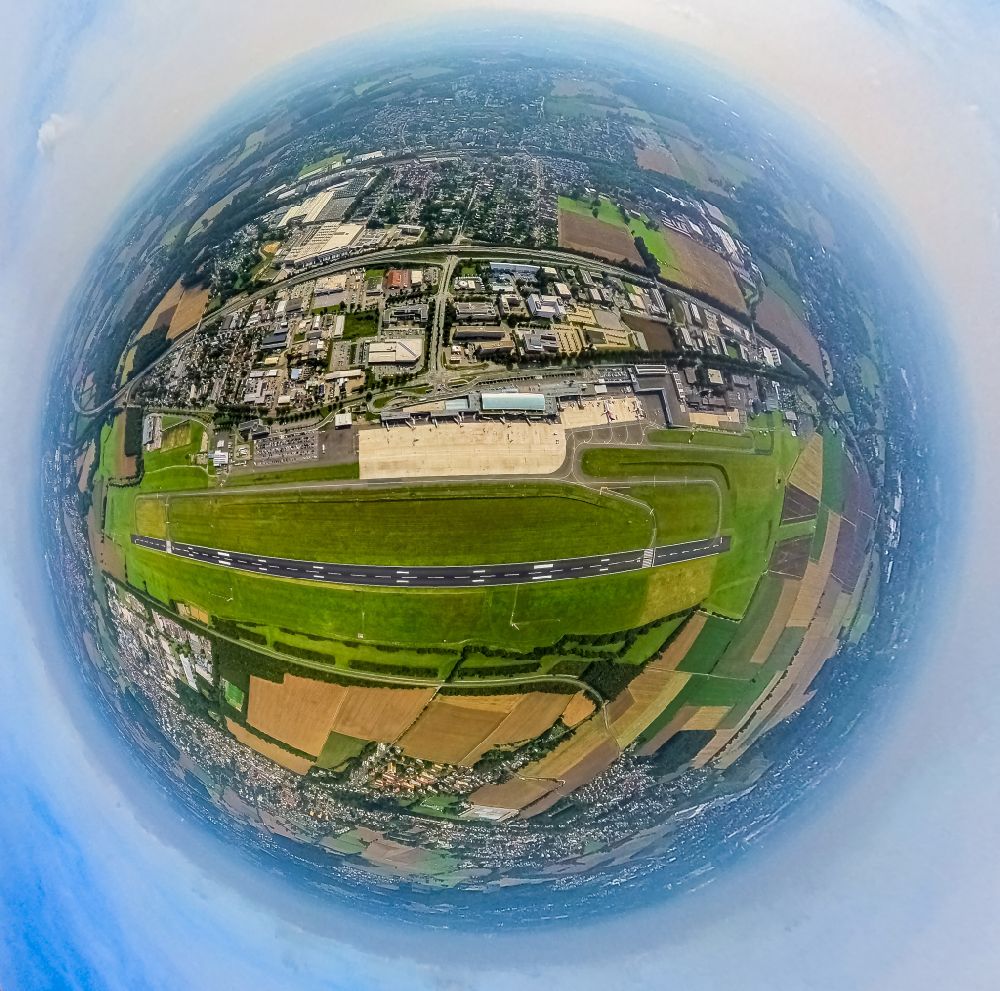 Aerial image Dortmund - Fisheye perspective runway with hangar taxiways and terminals on the grounds of the airport on street Flughafenring in Dortmund at Ruhrgebiet in the state North Rhine-Westphalia, Germany
