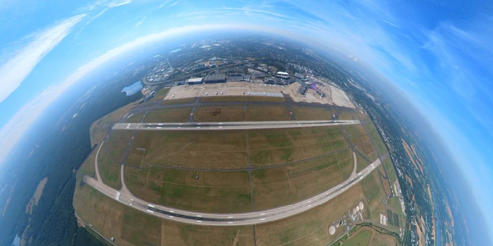 Aerial image Düsseldorf - Fisheye perspective runway with hangar taxiways and terminals on the grounds of the airport in Duesseldorf at Ruhrgebiet in the state North Rhine-Westphalia