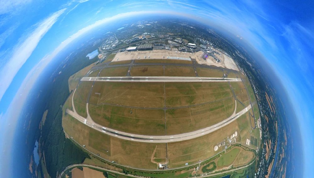 Aerial photograph Düsseldorf - Fisheye perspective runway with hangar taxiways and terminals on the grounds of the airport in Duesseldorf at Ruhrgebiet in the state North Rhine-Westphalia