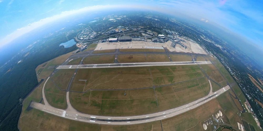 Aerial image Düsseldorf - Fisheye perspective runway with hangar taxiways and terminals on the grounds of the airport in Duesseldorf at Ruhrgebiet in the state North Rhine-Westphalia