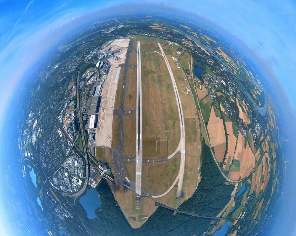 Düsseldorf from the bird's eye view: Fisheye perspective runway with hangar taxiways and terminals on the grounds of the airport in Duesseldorf at Ruhrgebiet in the state North Rhine-Westphalia