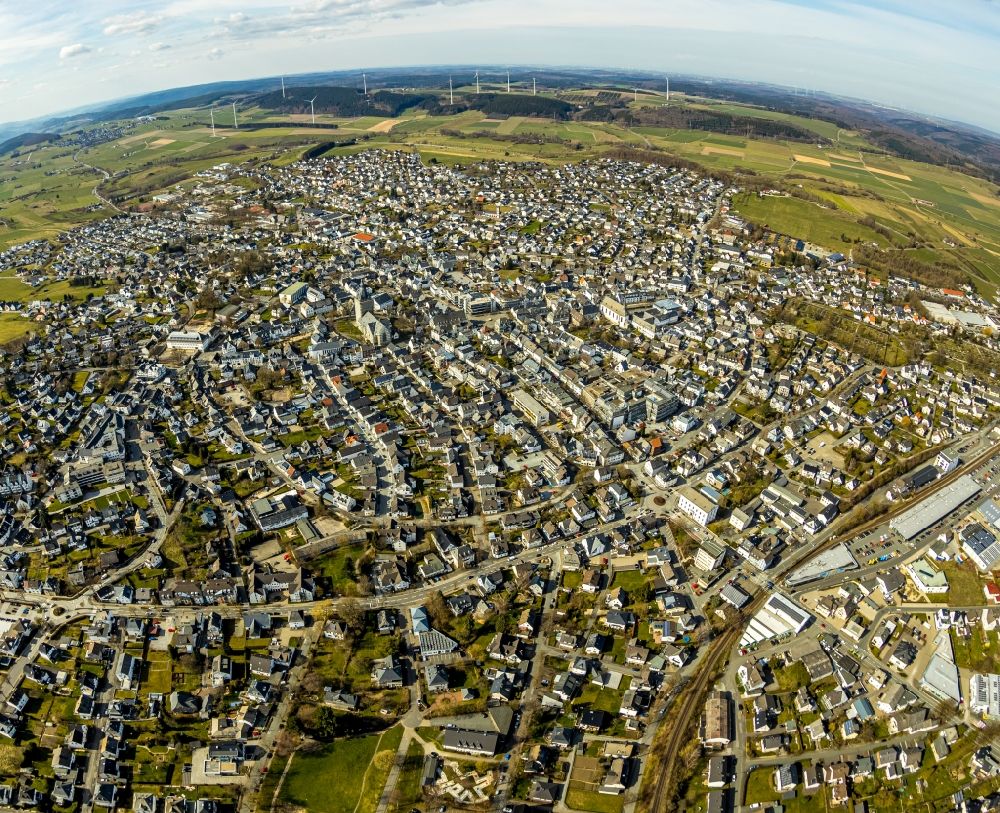 Aerial image Brilon - Fisheye perspective city area with outside districts and inner city area in Brilon in the state North Rhine-Westphalia, Germany