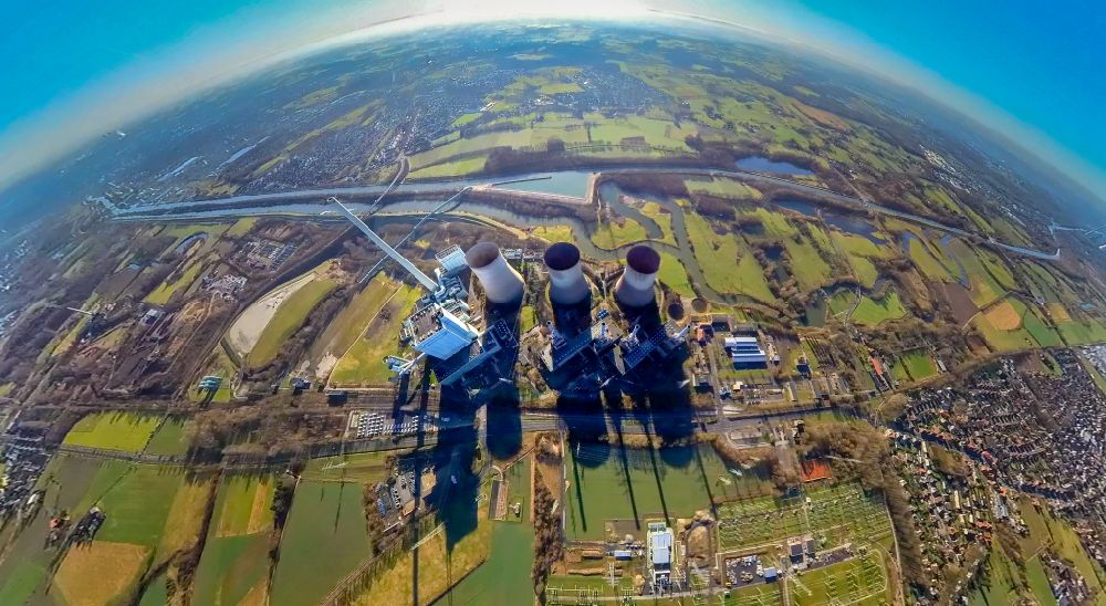 Aerial photograph Werne - Fisheye perspective combined cycle power plant with gas and steam turbine systems Gersteinwerk of RWE AG in Werne in the state North Rhine-Westphalia, Germany