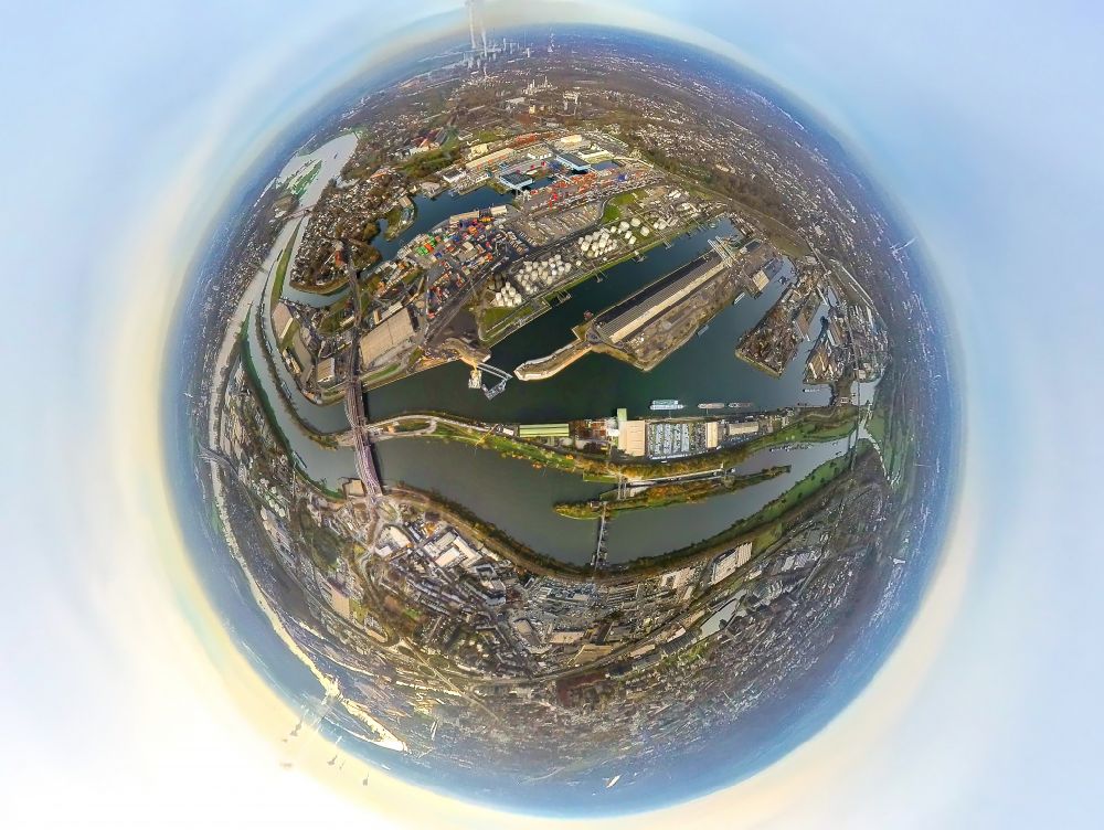 Aerial image Duisburg - Fisheye perspective port facilities on the banks of the river course of the Ruhr in the district Ruhrort in Duisburg at Ruhrgebiet in the state North Rhine-Westphalia, Germany