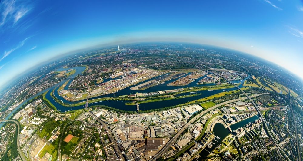Aerial image Duisburg - Fisheye perspective port facilities on the banks of the river course of the Ruhr in the district Ruhrort in Duisburg in the state North Rhine-Westphalia, Germany