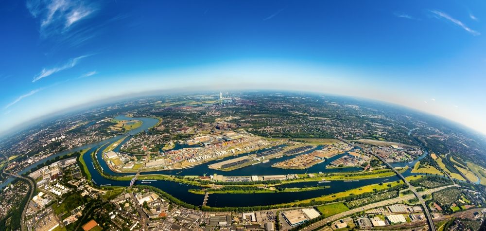 Aerial photograph Duisburg - Fisheye perspective port facilities on the banks of the river course of the Ruhr in the district Ruhrort in Duisburg in the state North Rhine-Westphalia, Germany