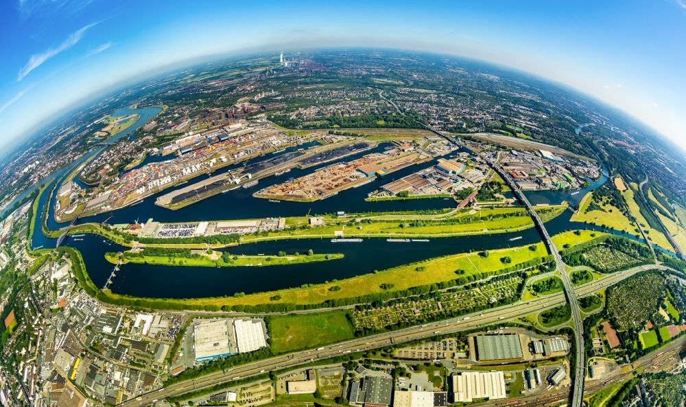 Duisburg from above - Fisheye perspective port facilities on the banks of the river course of the Ruhr in the district Ruhrort in Duisburg in the state North Rhine-Westphalia, Germany