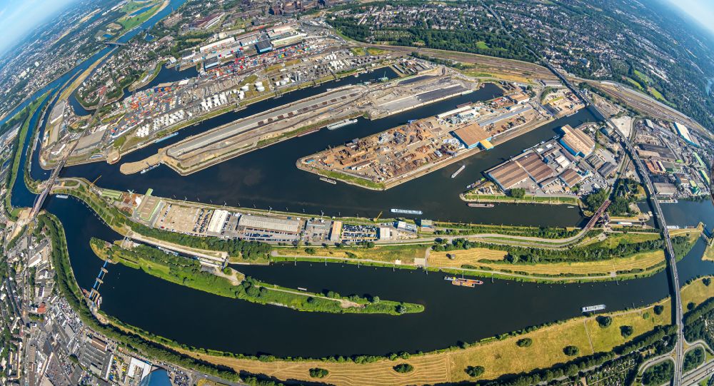 Aerial photograph Duisburg - Fisheye perspective port facilities on the banks of the river course of the Ruhr in the district Ruhrort in Duisburg at Ruhrgebiet in the state North Rhine-Westphalia, Germany