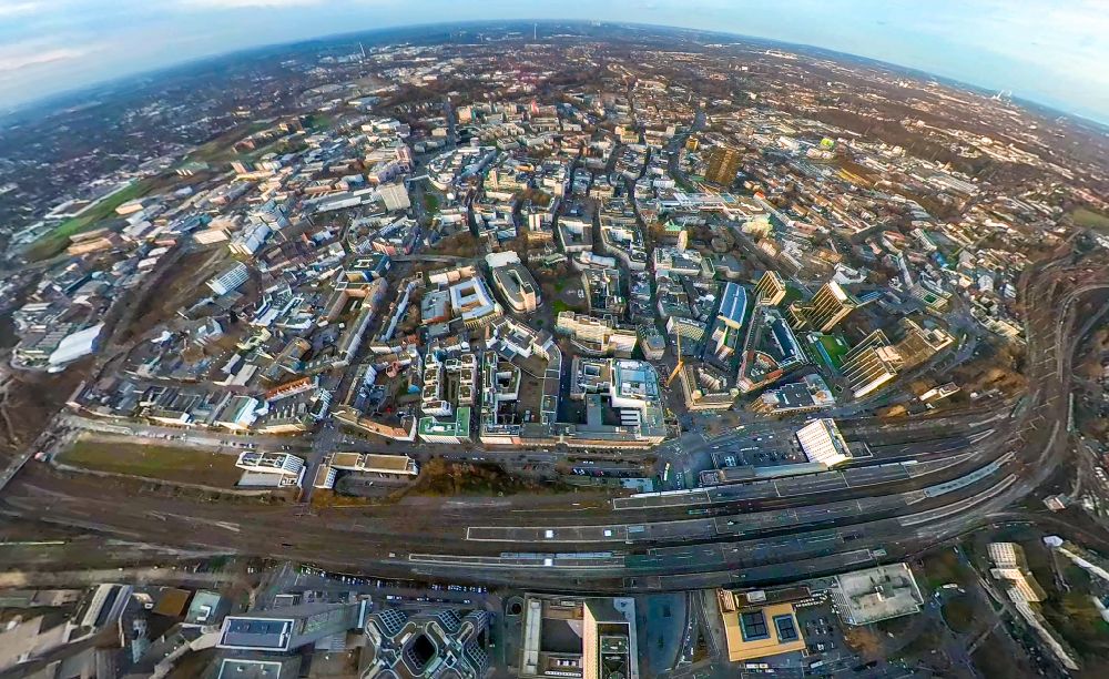 Essen from the bird's eye view: Fisheye perspective track progress and building of the main station of the railway in Essen at Ruhrgebiet in the state North Rhine-Westphalia, Germany