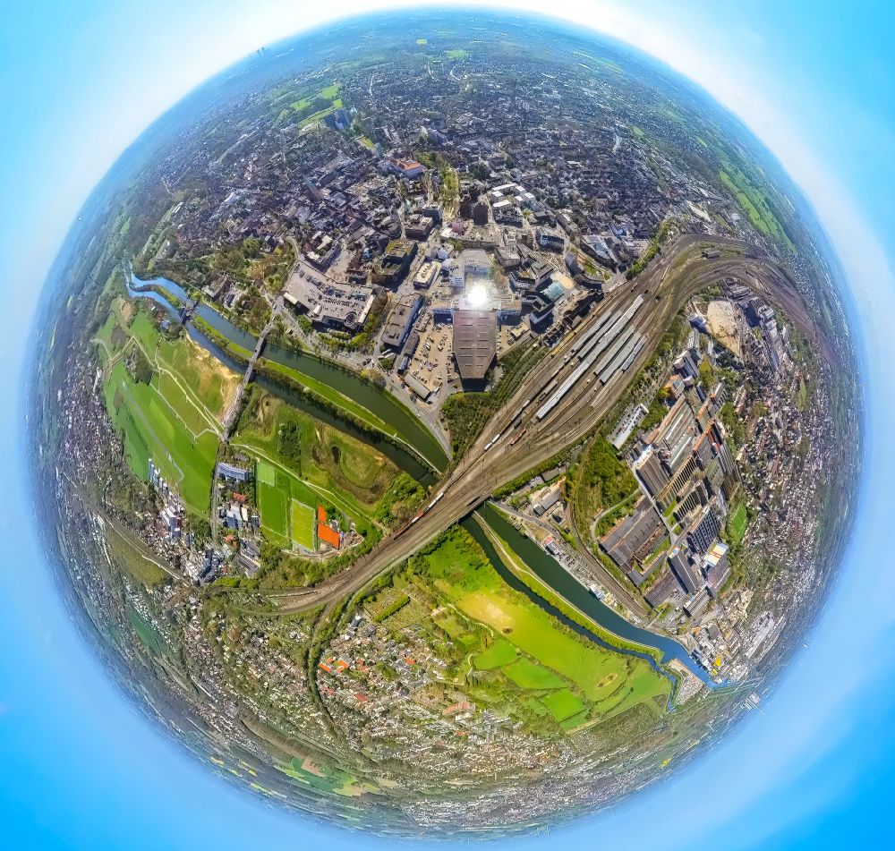 Aerial image Hamm - Fisheye perspective city center on track progress and building of the main station of the railway in Hamm in the state North Rhine-Westphalia, Germany